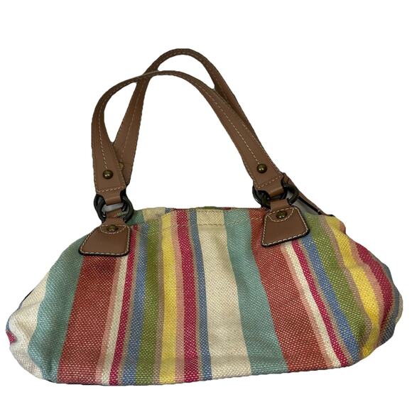 Fossil Beachy Striped Faux Leather Canvas Bag Zipper Dual Handle Pockets Boho - Picture 2 of 16